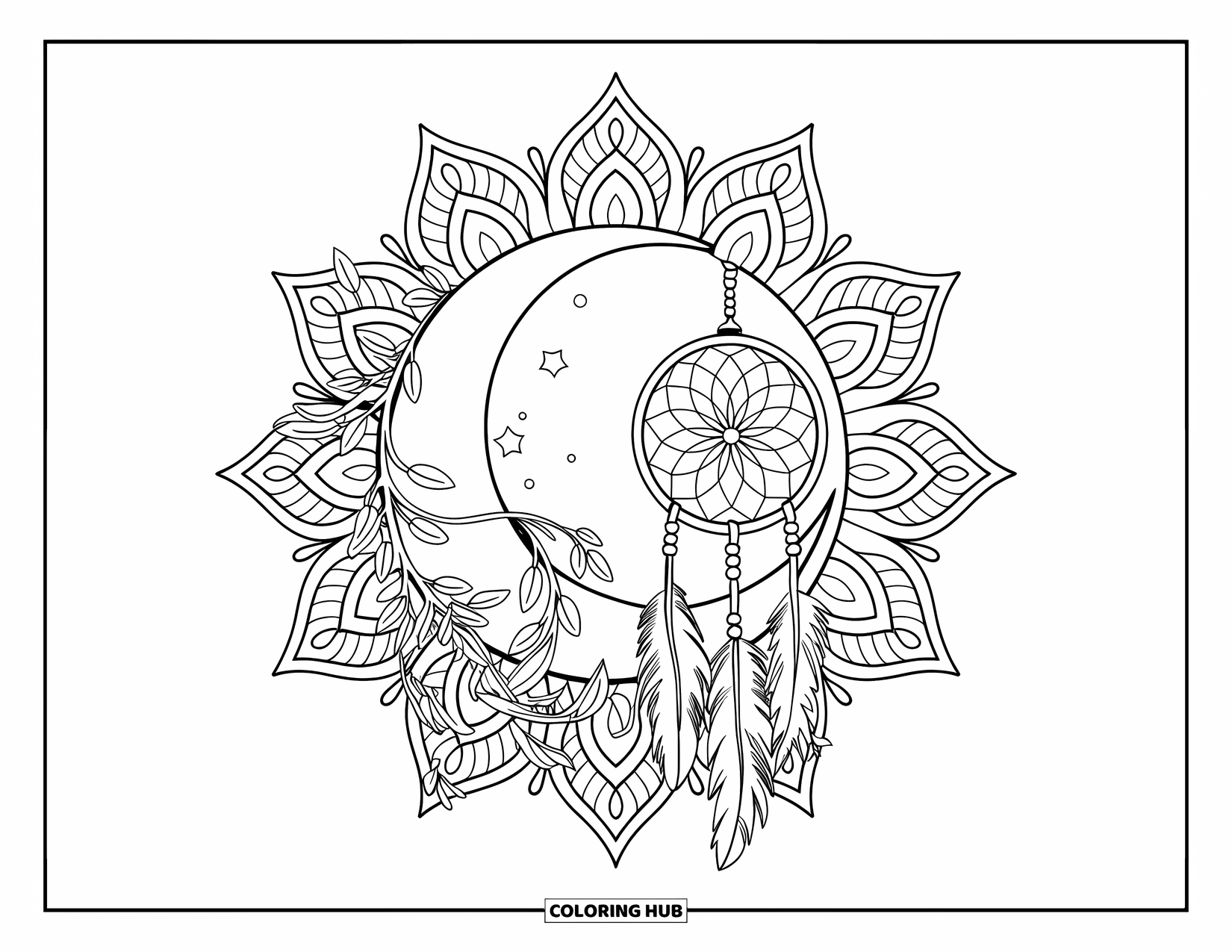 Moon Dream Catcher Coloring Page for Adults: Wisteria vines wrap around a crescent moon and dream catcher glowing above a mandala