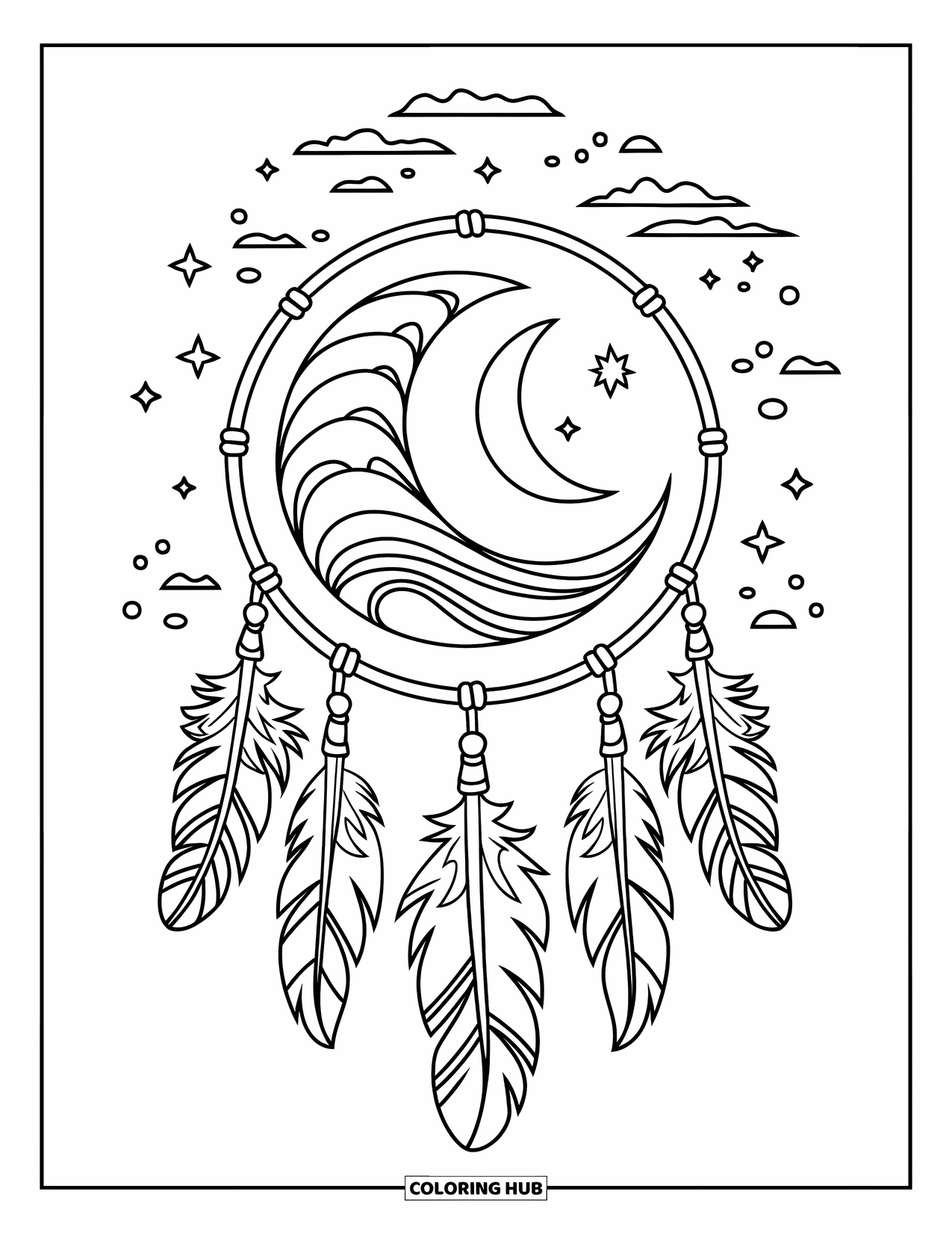 Moon Dream Catcher Coloring Page for Kids: A circular dream catcher is framed by a moon, feathers, and wavy lines