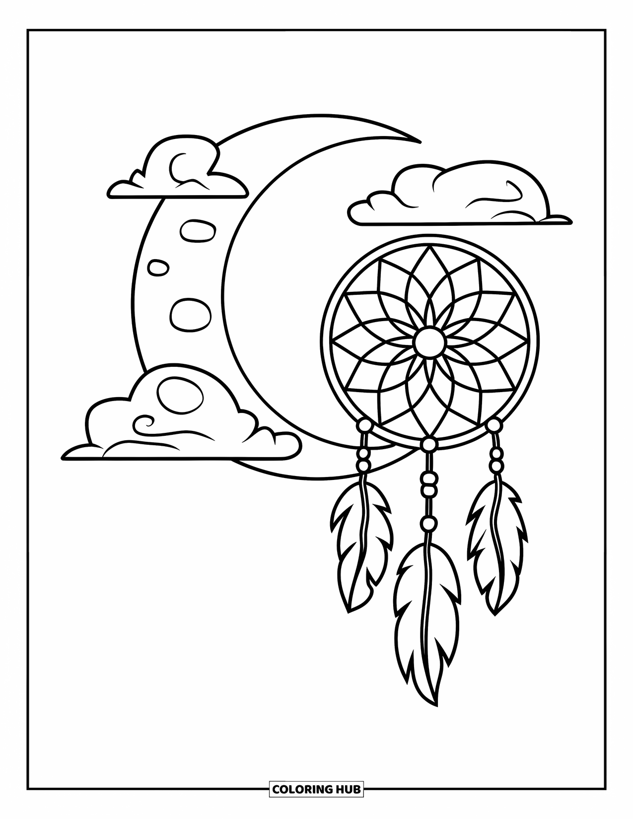 Moon Dream Catcher Coloring Page for Kids: A clean half-moon and puffy clouds frame a dream catcher made of soft lines