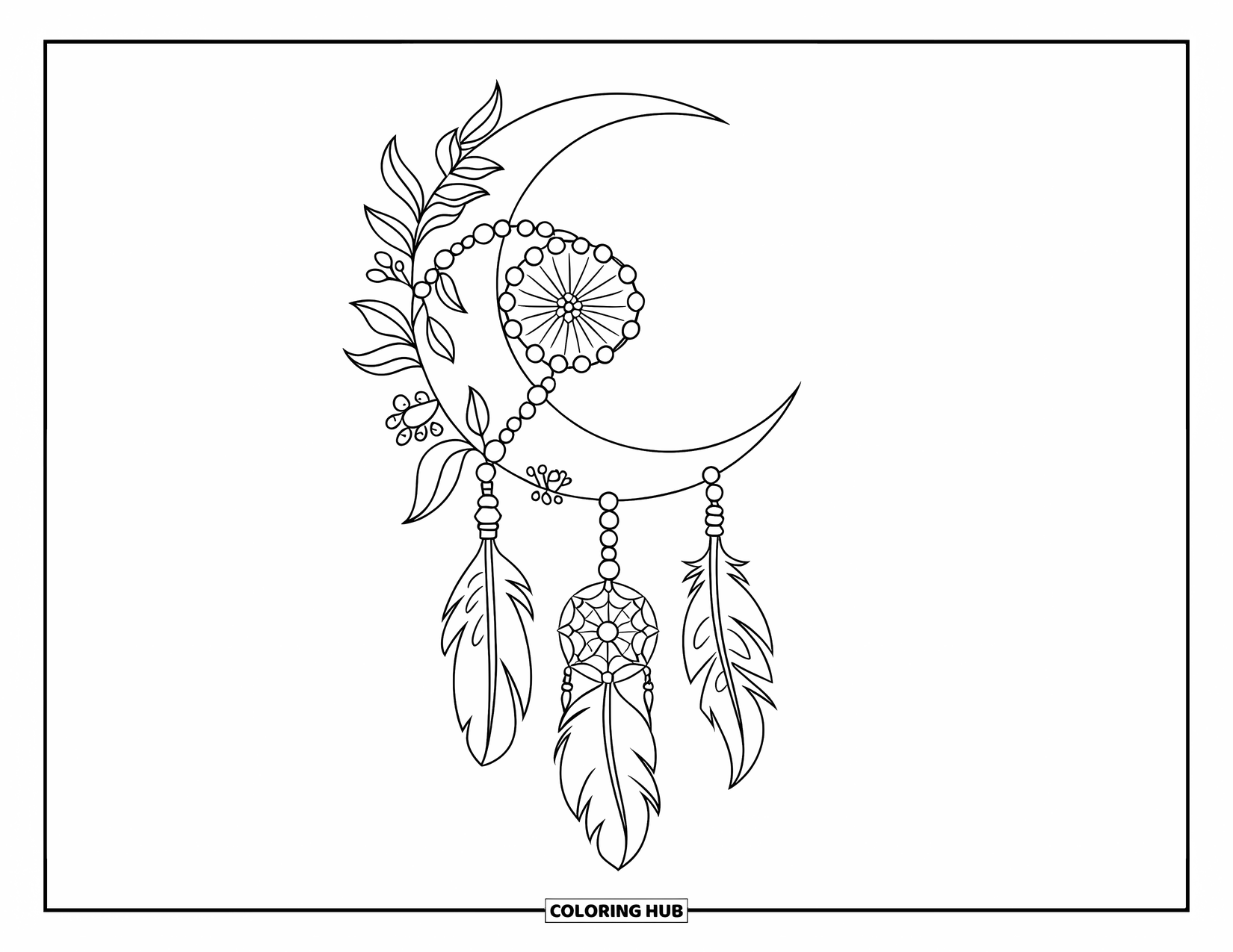 Moon Dream Catcher Coloring Page for Kids: A crescent moon cradles a floral dream catcher with soft feathers and beads