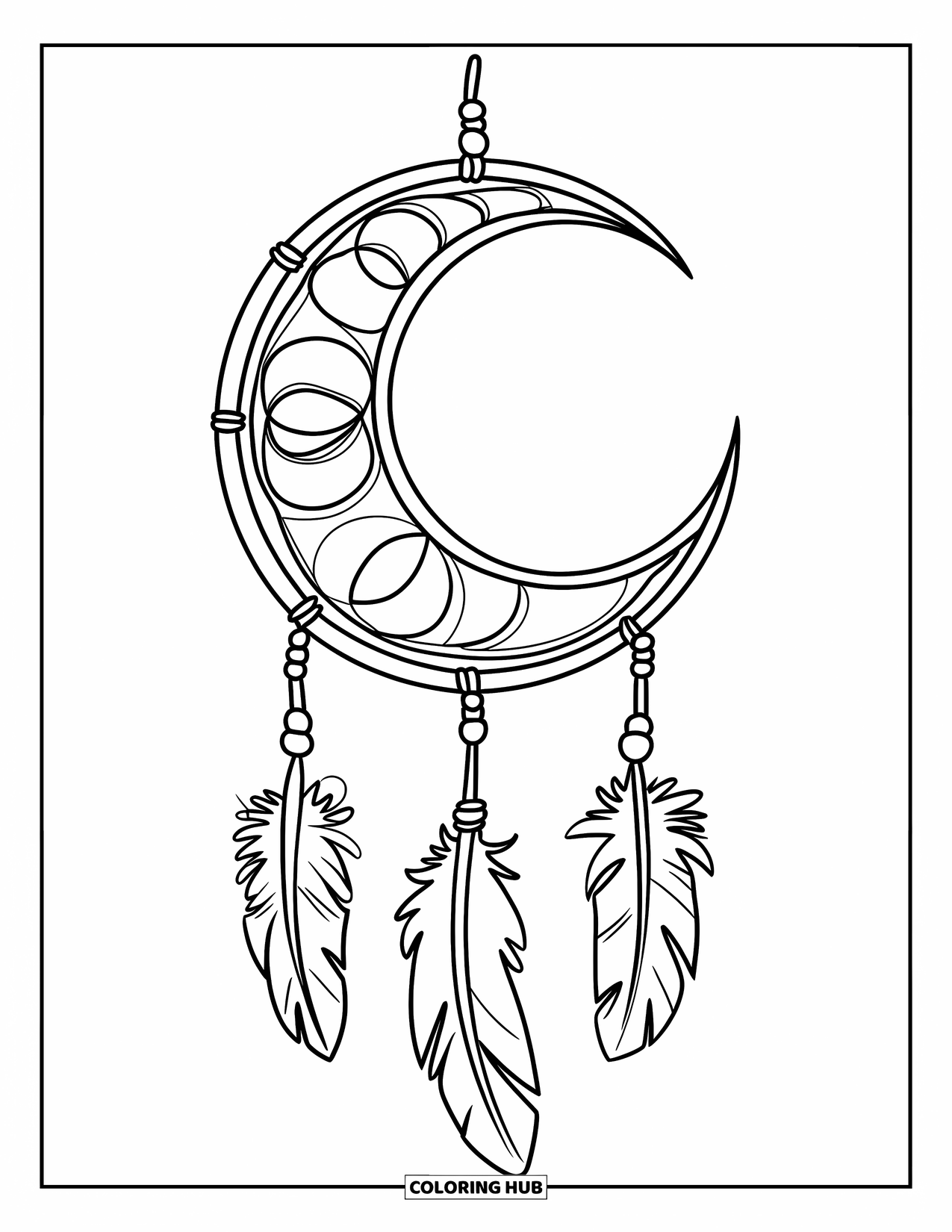 Moon Dream Catcher Coloring Page for Kids: A crescent moon-shaped dream catcher with three feathers hangs from a stick