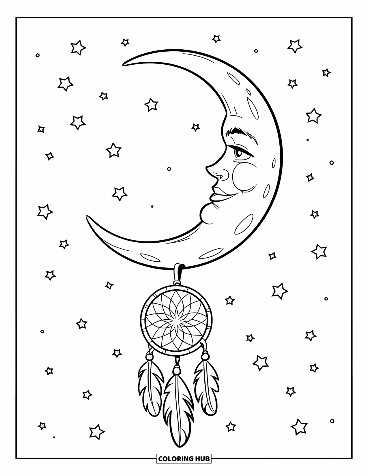 Moon Dream Catcher Coloring Page for Kids: A curved moon hangs like a hammock with a dream catcher dangling below