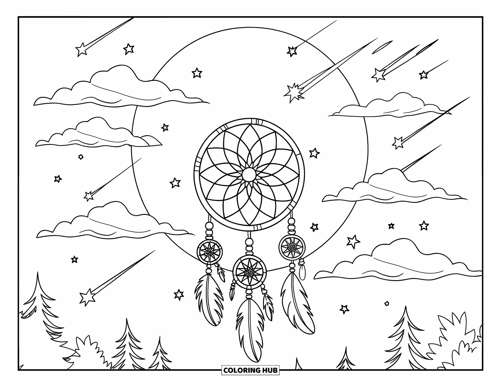 Moon Dream Catcher Coloring Page for Kids: A dream catcher glows in the night sky with stars and trees nearby