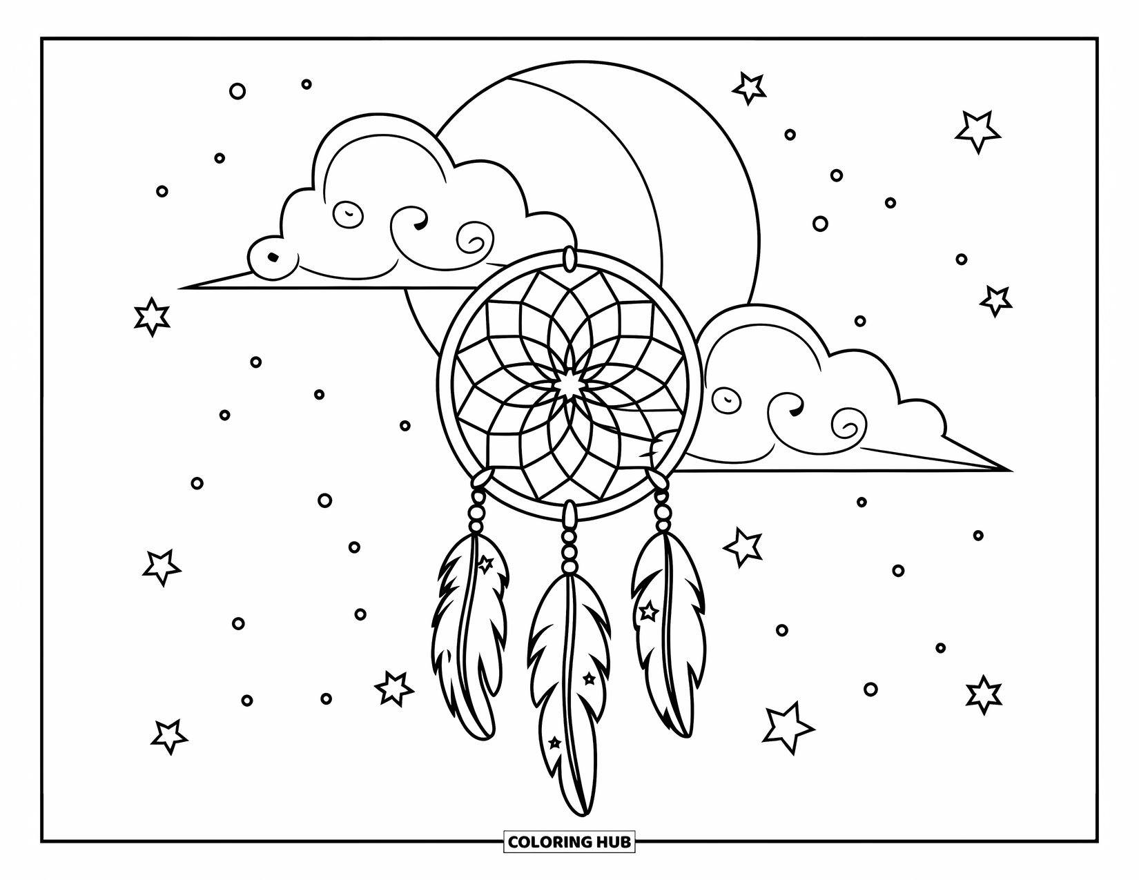 Moon Dream Catcher Coloring Page for Kids: A dream catcher sways below the moon with ribbons and a soft cloud nearby