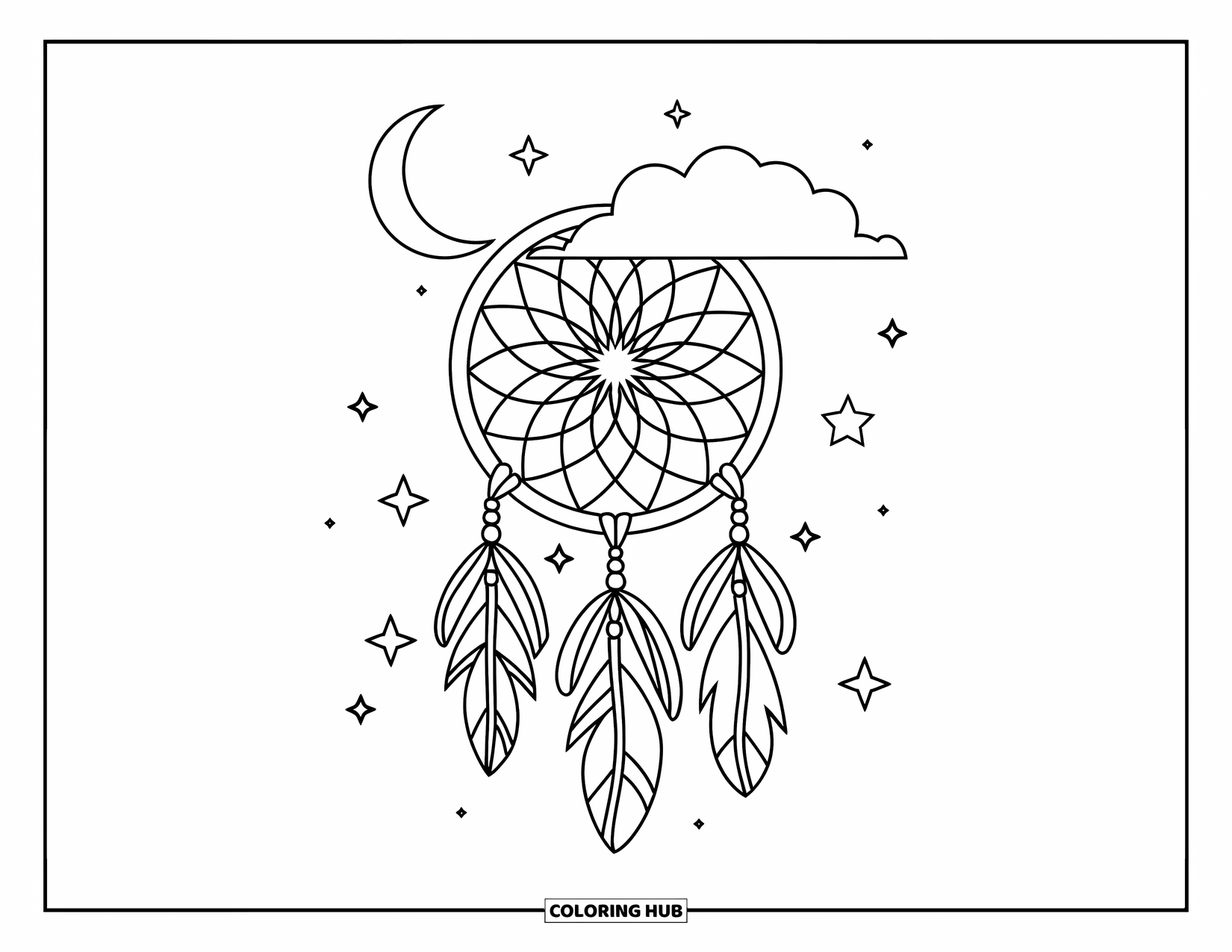Moon Dream Catcher Coloring Page for Kids: A dream catcher with ribbons hangs from a branch with moon and star details