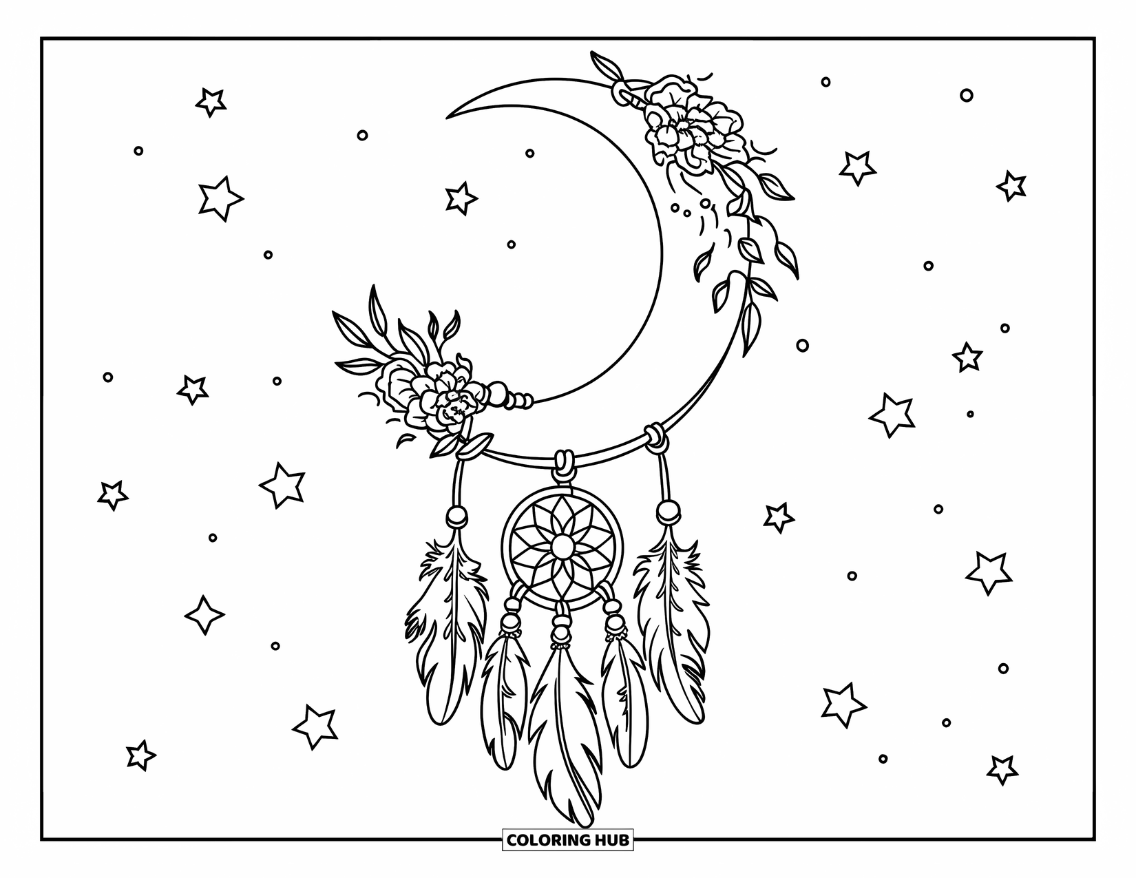 Moon Dream Catcher Coloring Page for Kids: A floral dream catcher sways from a crescent moon with a peaceful sky above