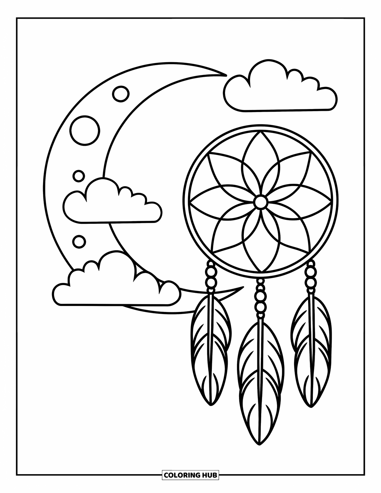 Moon Dream Catcher Coloring Page for Kids: A geometric dream catcher rests under a puffed cloud and glowing half-moon