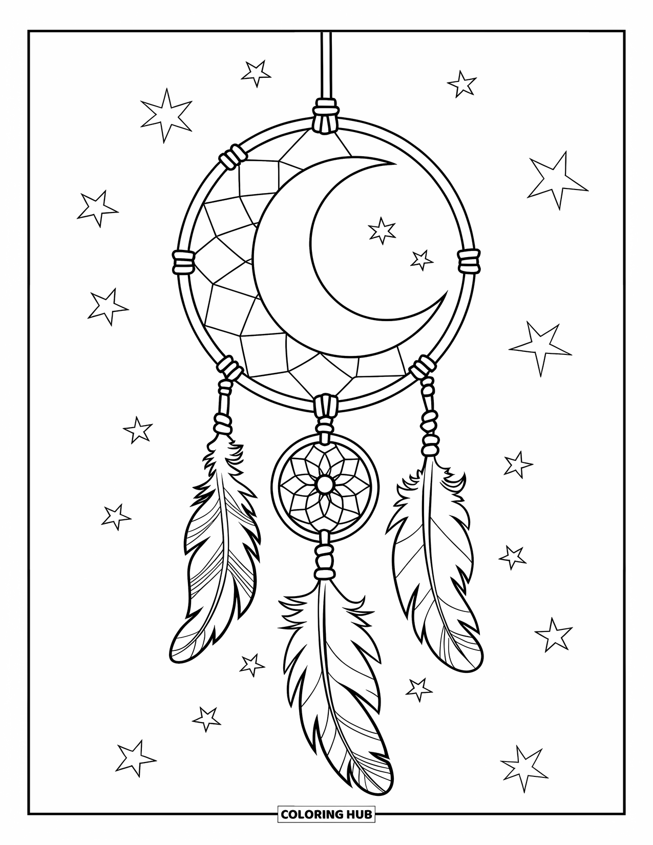 Moon Dream Catcher Coloring Page for Kids: A moon and feathers frame a dream catcher with wave-like motion and stars