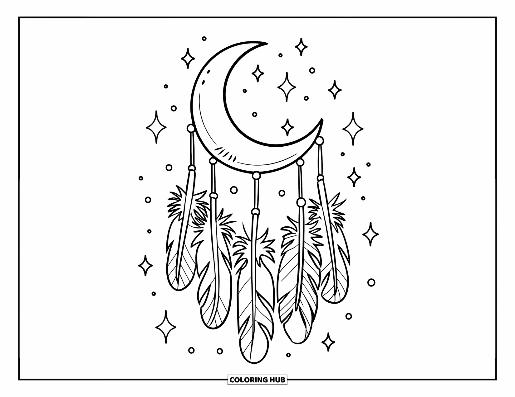 Moon Dream Catcher Coloring Page for Kids: A peaceful feather pattern flows under a moon with dotted details