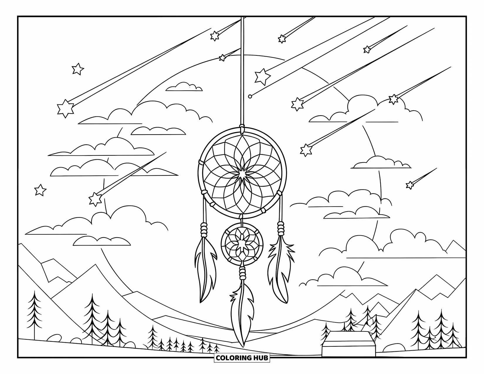 Moon Dream Catcher Coloring Page for Kids: A peaceful landscape shines under a sky with a dream catcher and stars