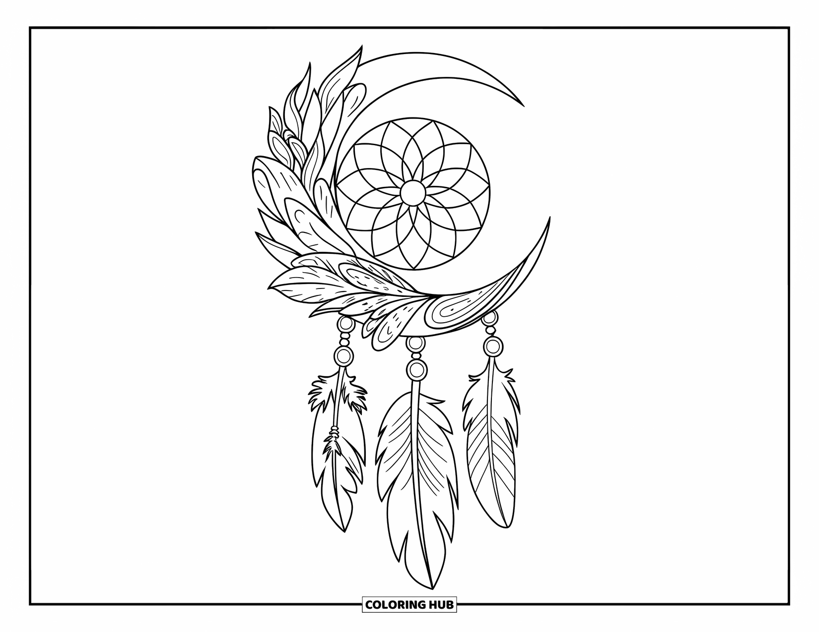 Moon Dream Catcher Coloring Page for Kids: A soft moon holds a dream catcher with floral feathers and gemstone beads