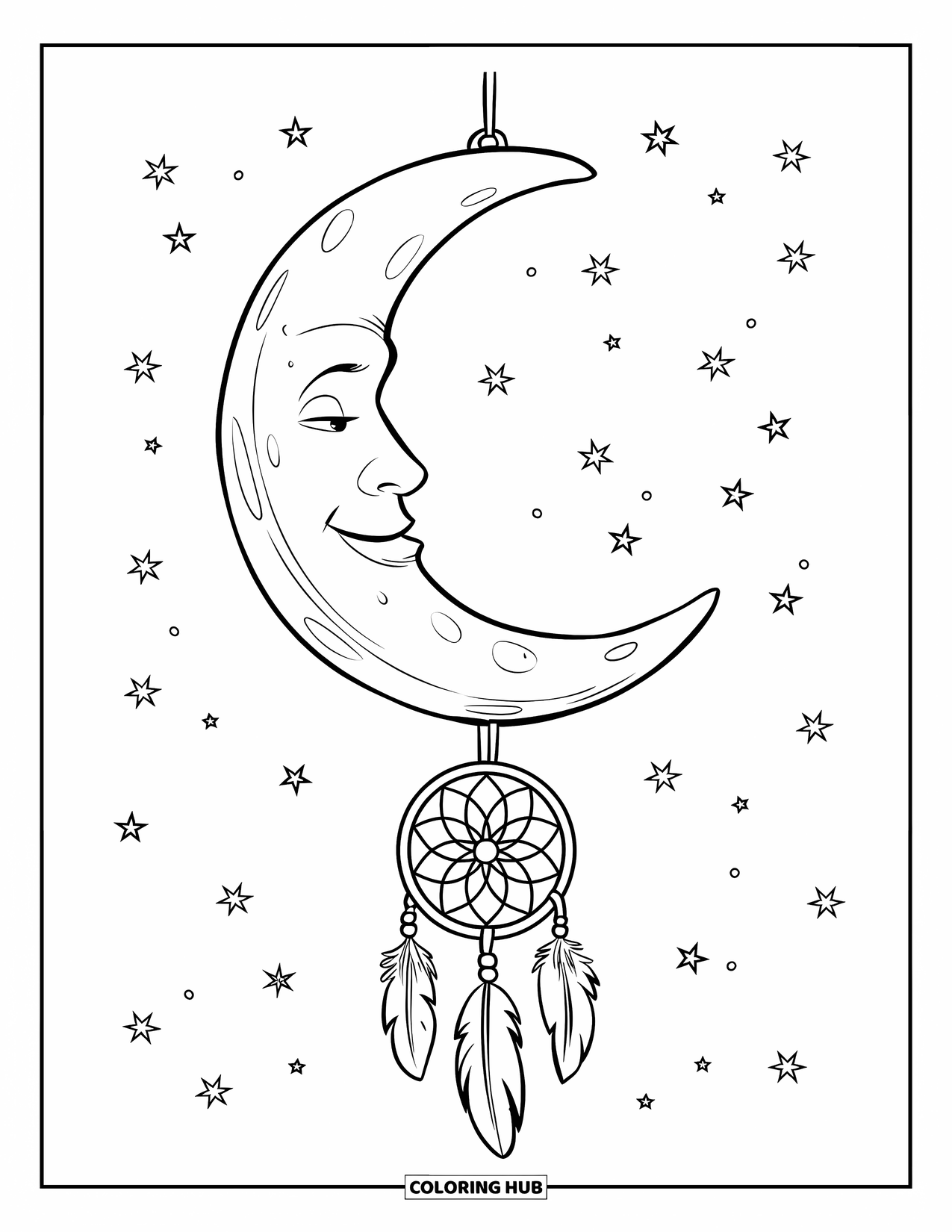Moon Dream Catcher Coloring Page for Kids: A soft moon with craters holds a dream catcher with stars around it