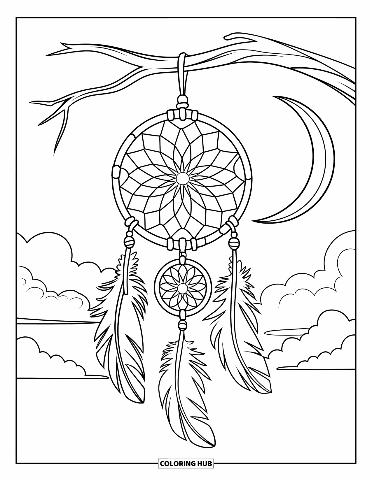 Moon Dream Catcher Coloring Page for Kids: A tribal dream catcher floats in the night sky under a crescent moon