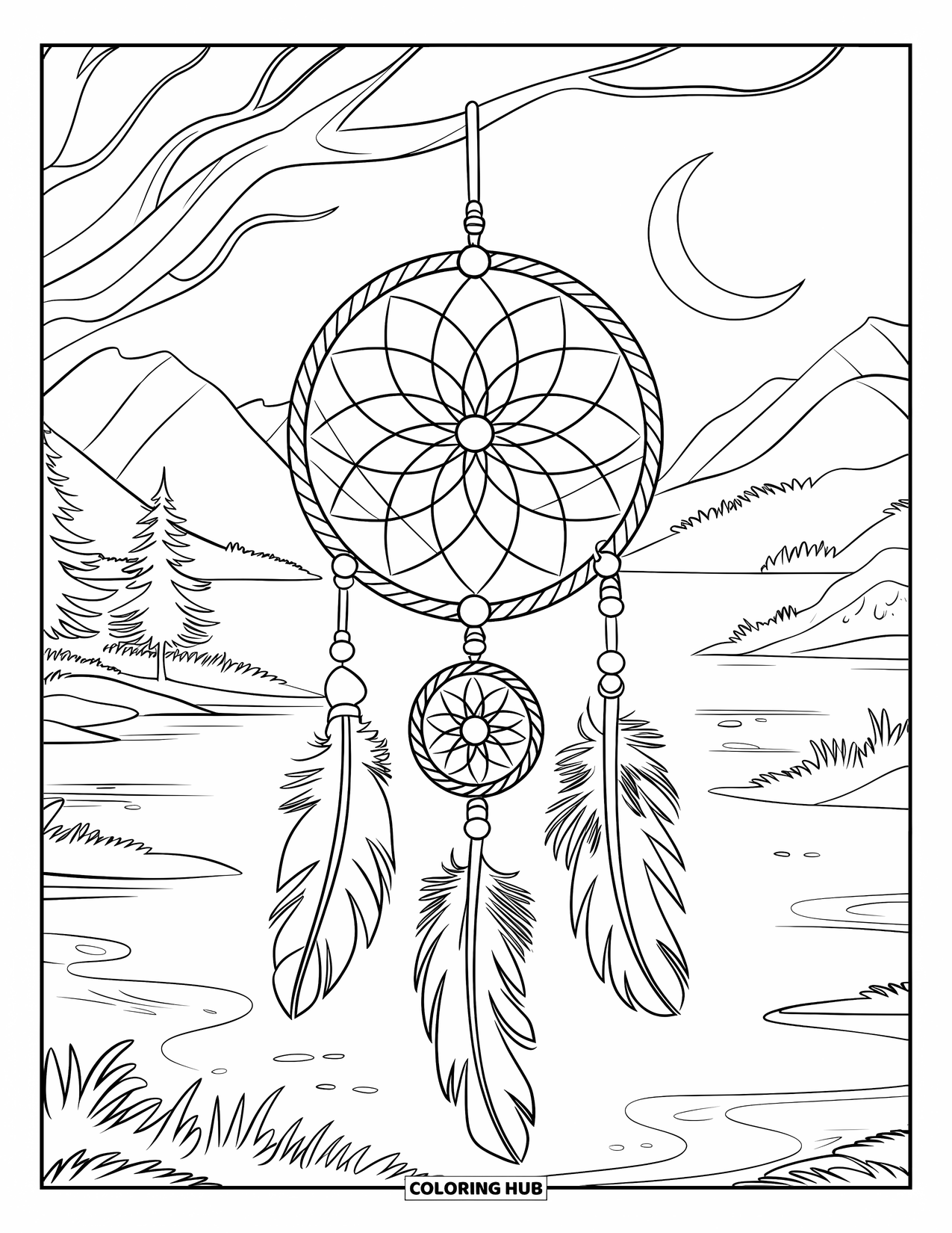 Moon Dream Catcher Coloring Page for Kids: Feathers swirl under a tribal hoop dream catcher in a peaceful mountain sky