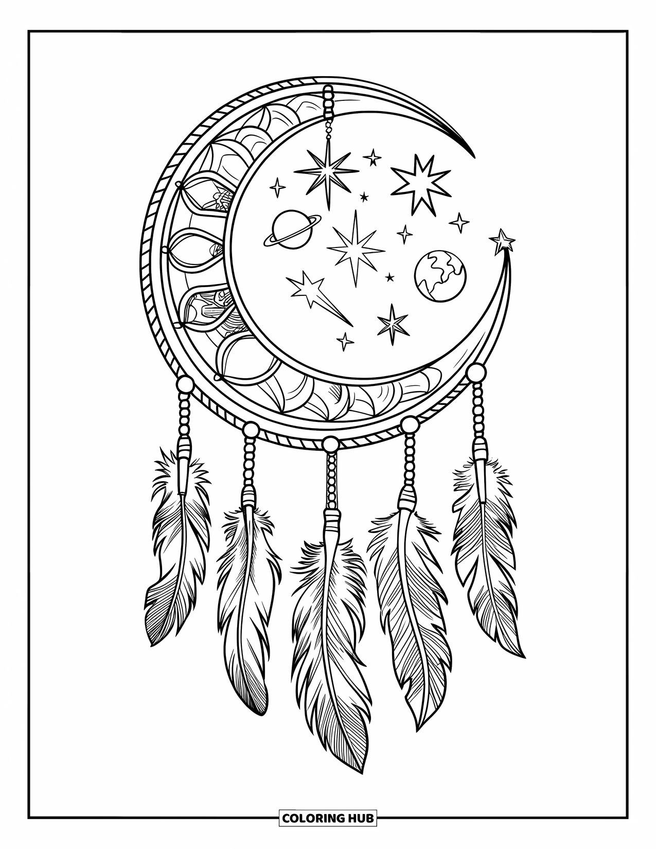 Moon Dream Catcher Coloring Page for Kids: Long feather tassels hang from a dream catcher filled with celestial signs