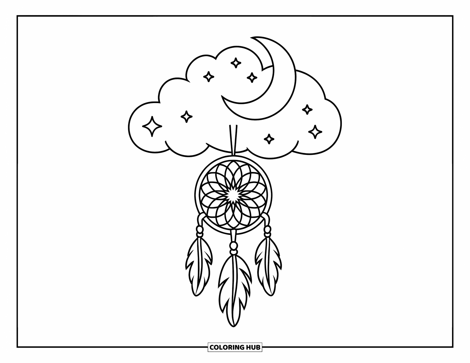 Moon Dream Catcher Coloring Page for Kids: Ribbons and stars decorate a dream catcher floating beneath a cloudy moon