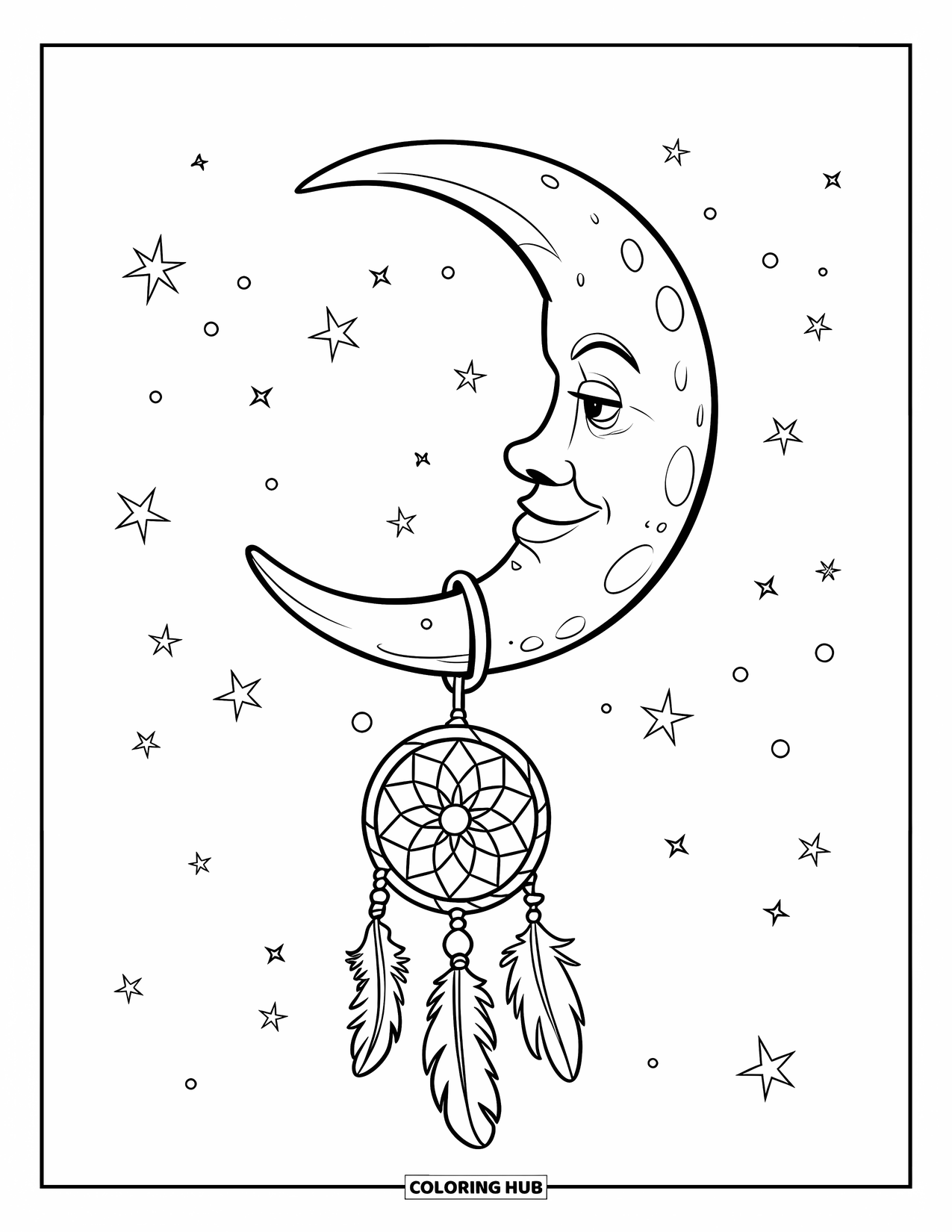 Moon Dream Catcher Coloring Page for Kids: Stars sparkle as a dream catcher swings under a crescent moon hammock