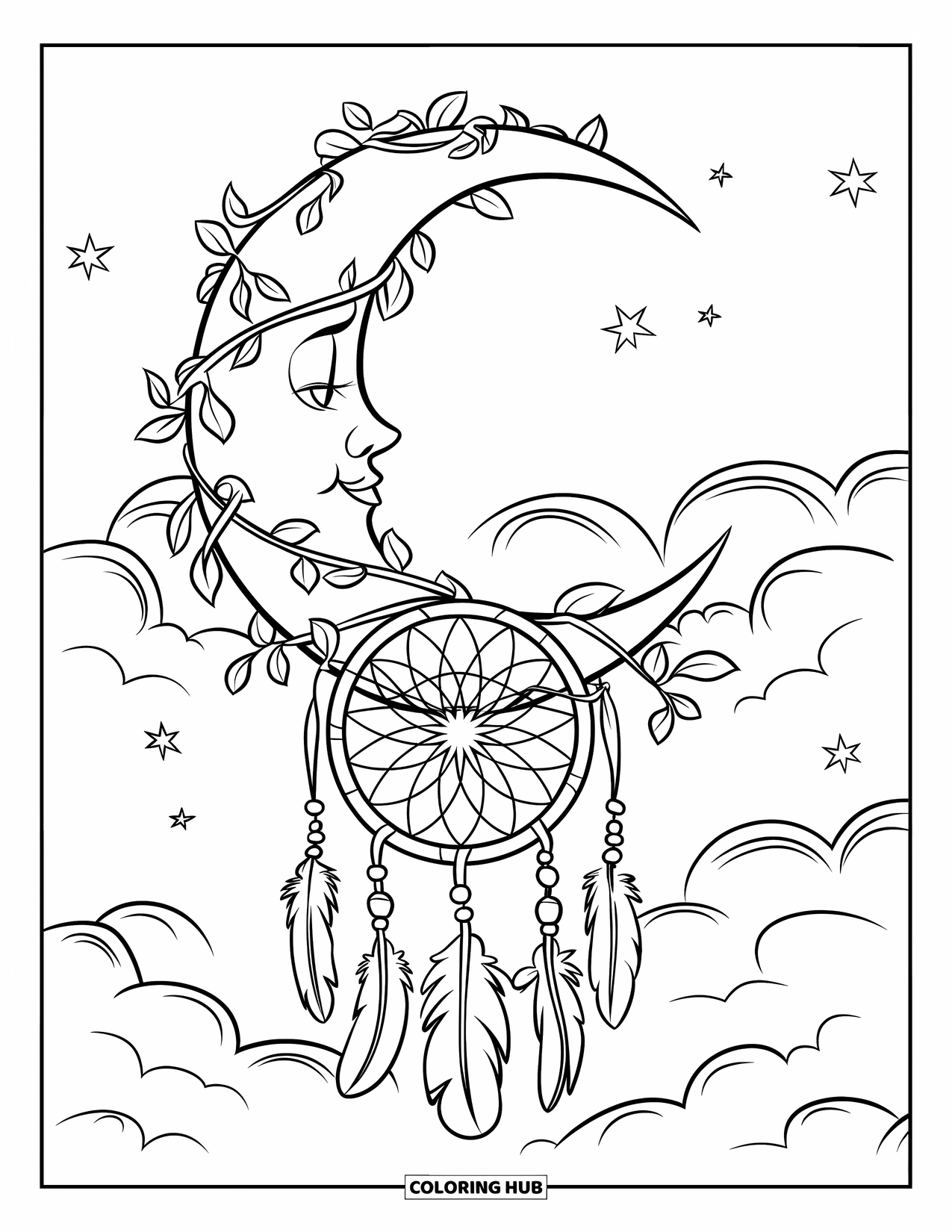 Moon Dream Catcher Coloring Page for Kids: Vines curl around a moon as it cradles a dream catcher with beads