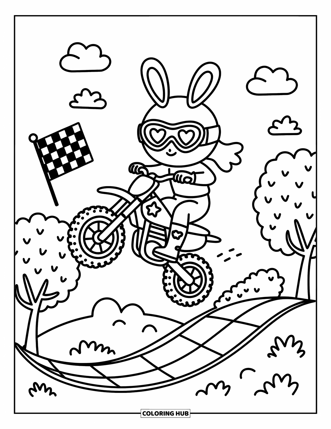Motocross Coloring Page for Adults: A cheerful rider launches from a hill beneath fluffy clouds and waving trees