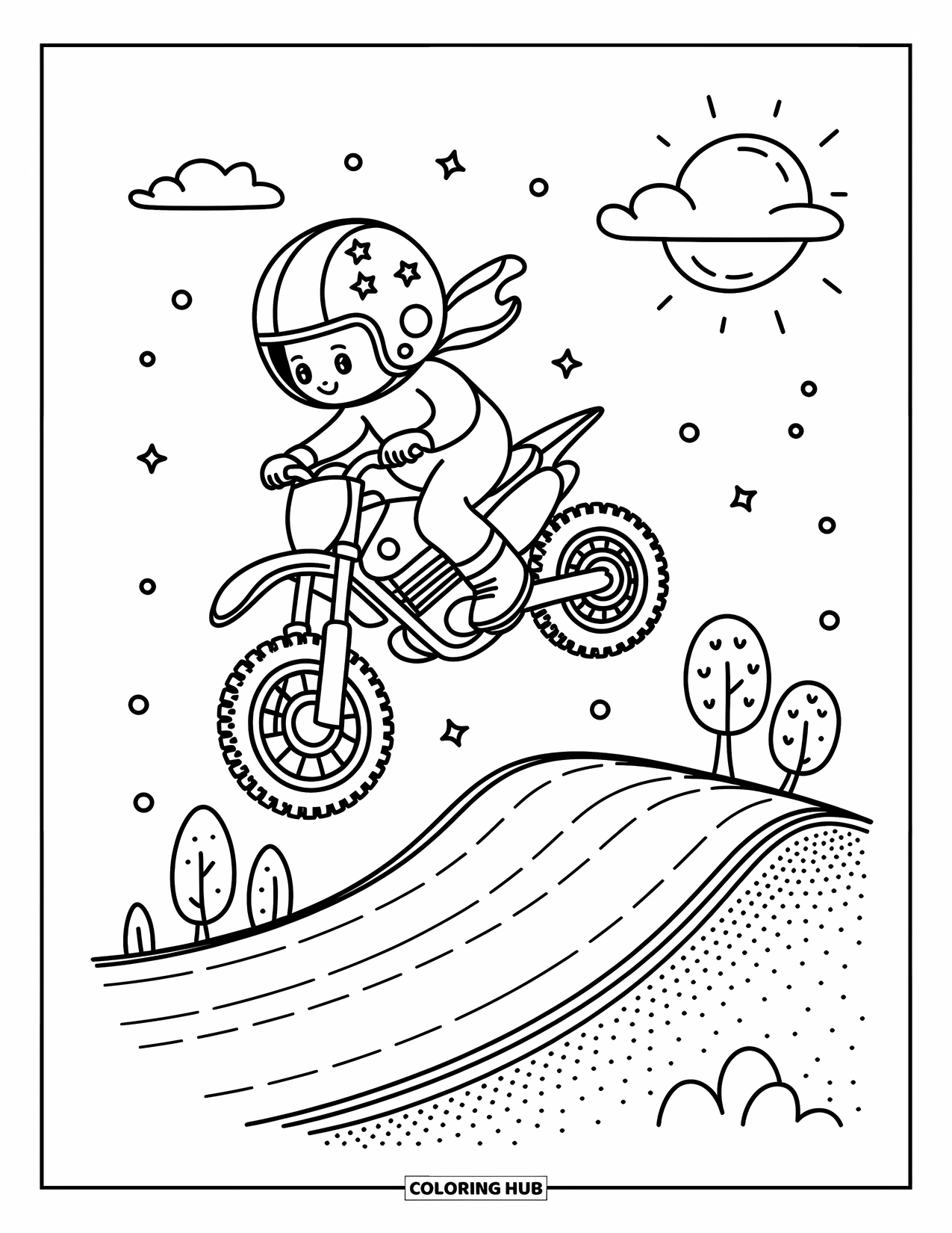 Motocross Coloring Page for Adults: A cute motocross rider soars midair as confetti trails behind