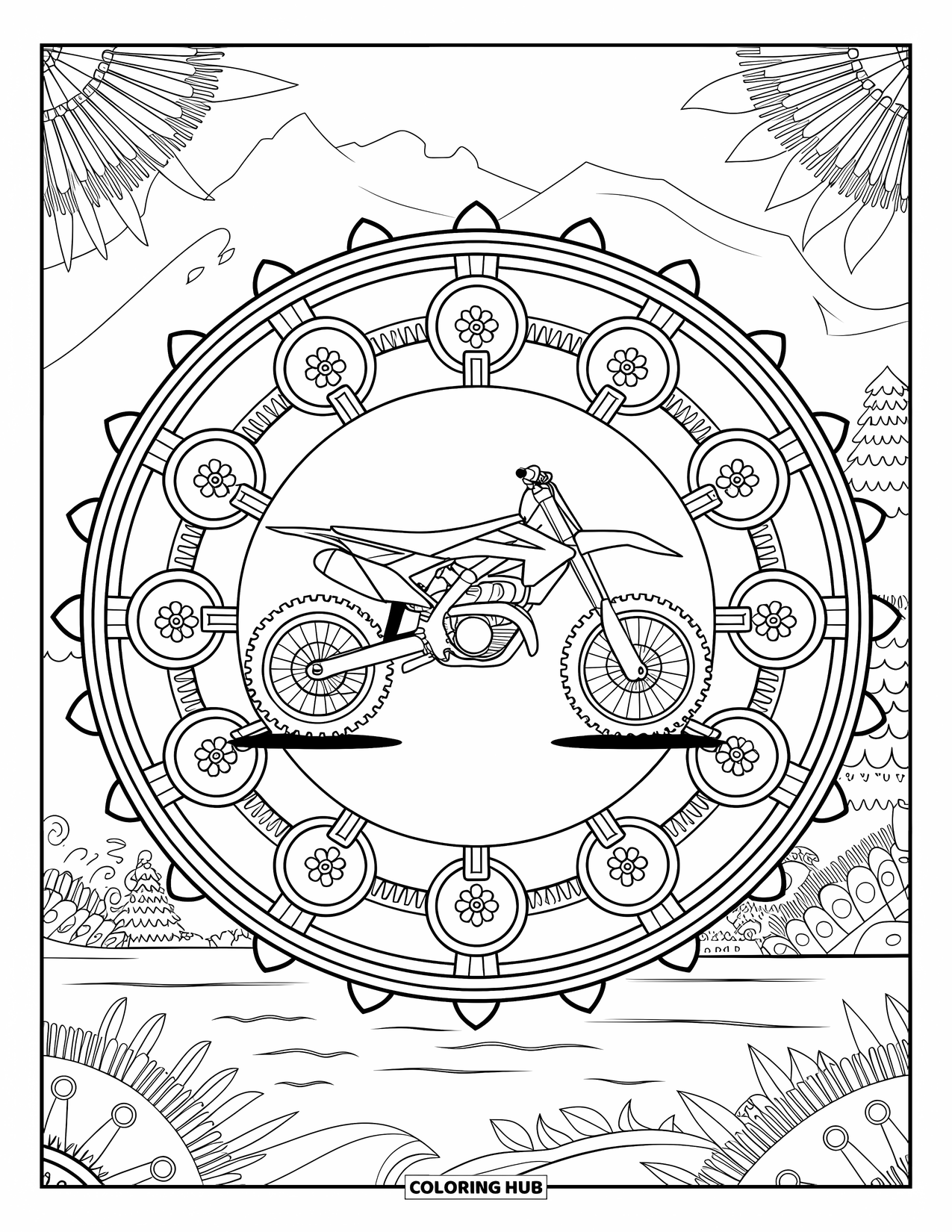 Motocross Coloring Page for Adults: A detailed mandala of gears and flowers surrounding a motocross bike