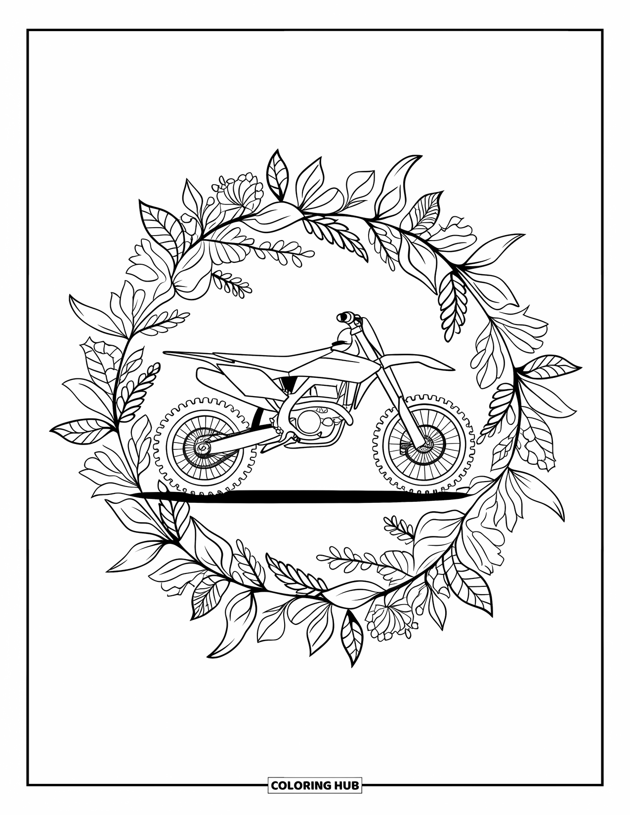 Motocross Coloring Page for Adults: A detailed motocross bike surrounded by floral mandala shapes