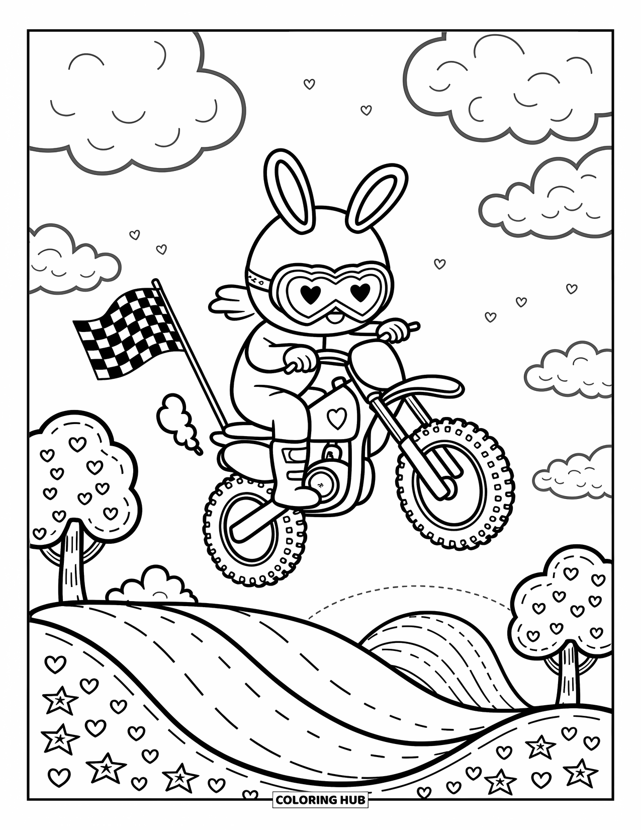 Motocross Coloring Page for Adults: A happy motocross rider flies off a hill with a puff of dust behind