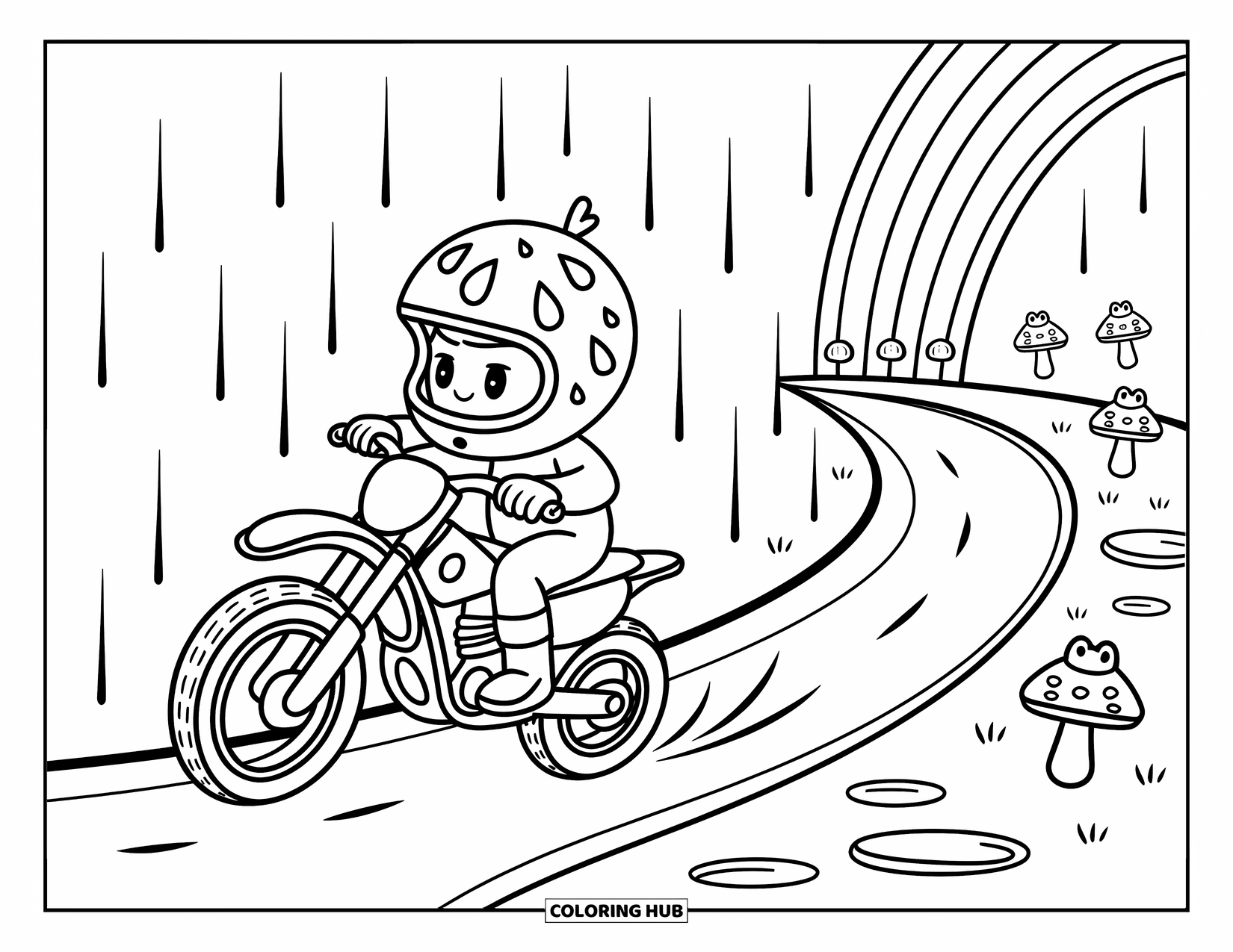 Motocross Coloring Page for Adults: A happy rider splashes through puddles under a rainbow sky