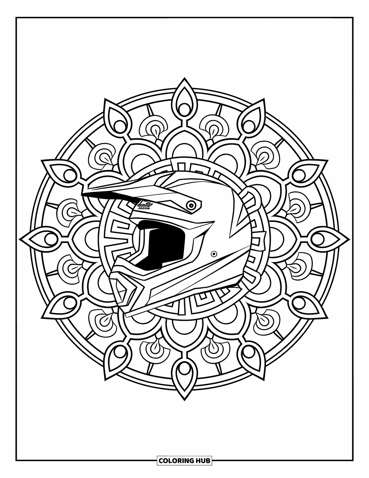 Motocross Coloring Page for Adults: A helmet framed by spirals and circles forming a geometric mandala