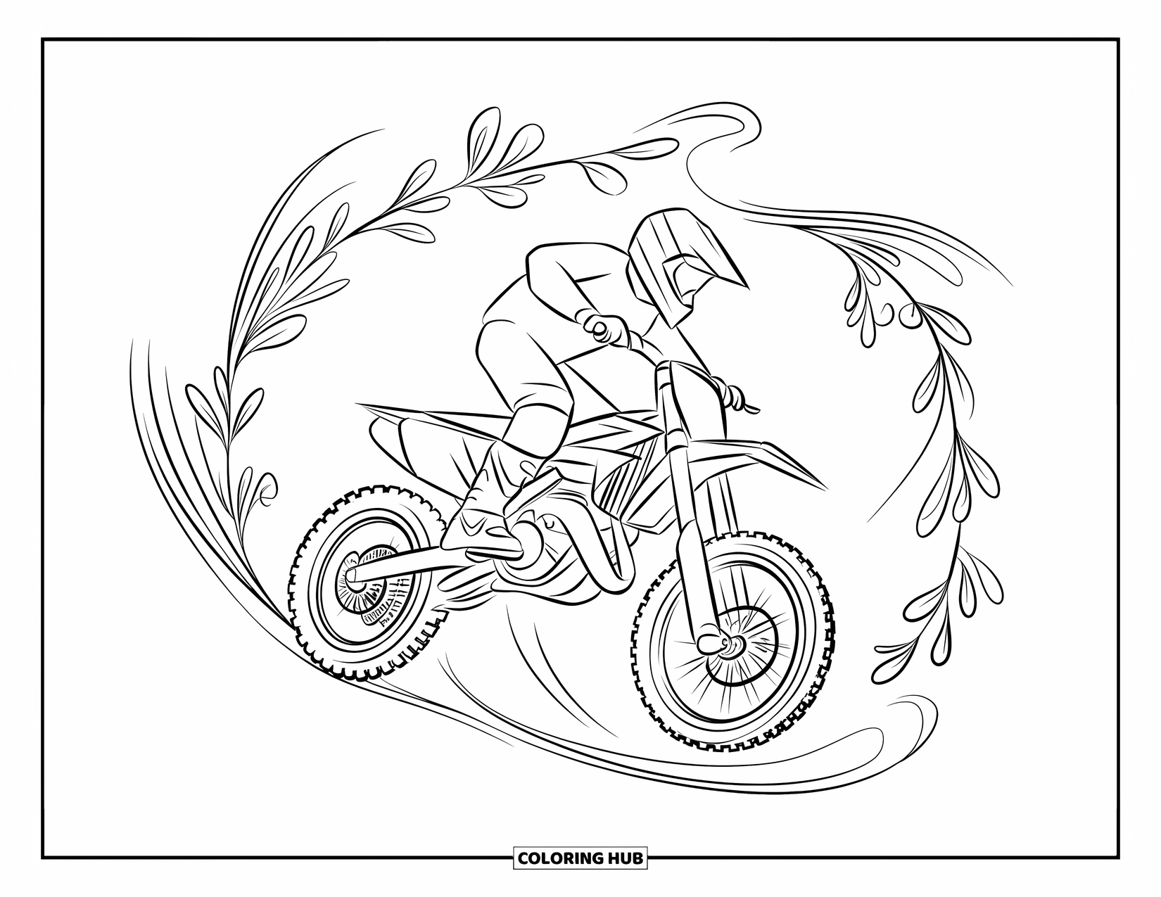 Motocross Coloring Page for Adults: A mid-jump motocross bike surrounded by swirling botanical loops