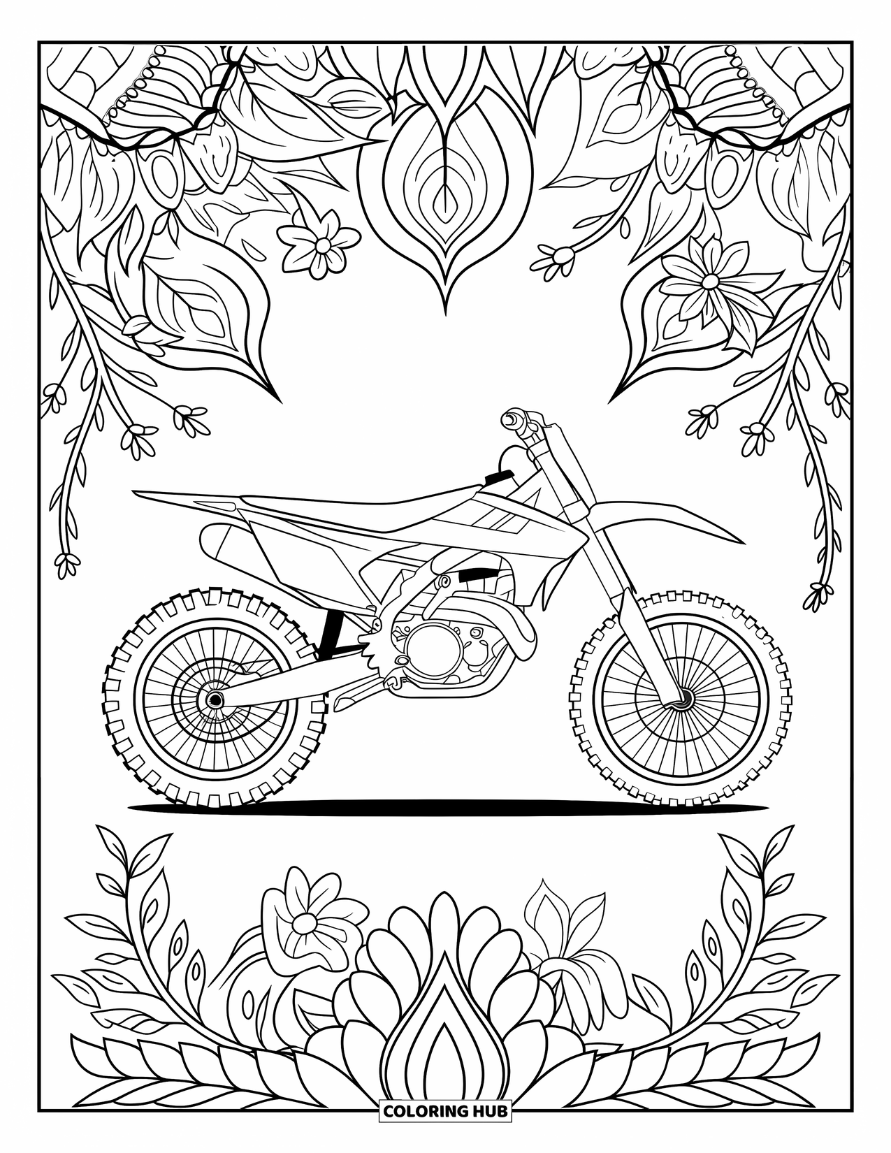 Motocross Coloring Page for Adults: A motocross bike encircled by botanical mandala details and leafy designs