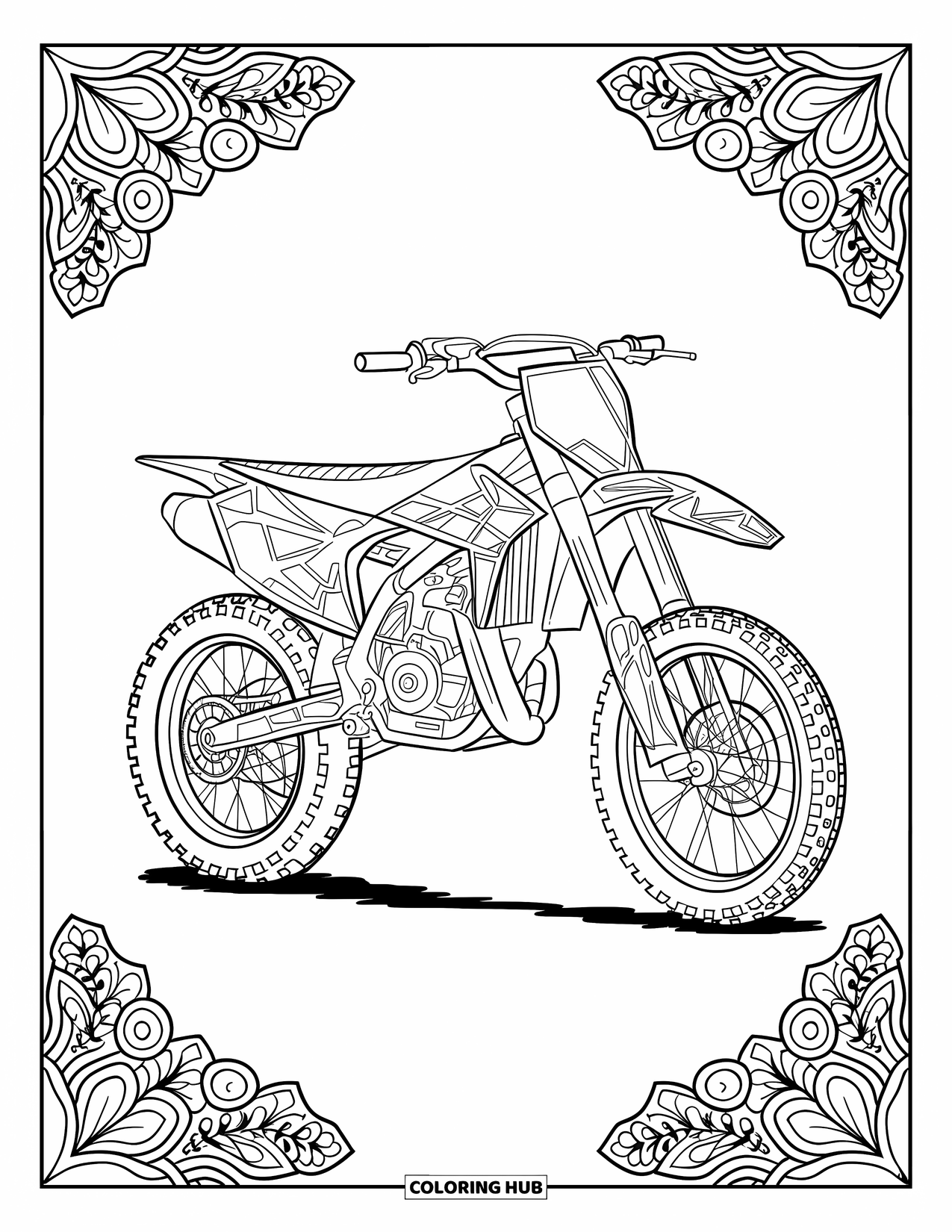 Motocross Coloring Page for Adults: A motocross bike with botanical mandala elements for adult coloring