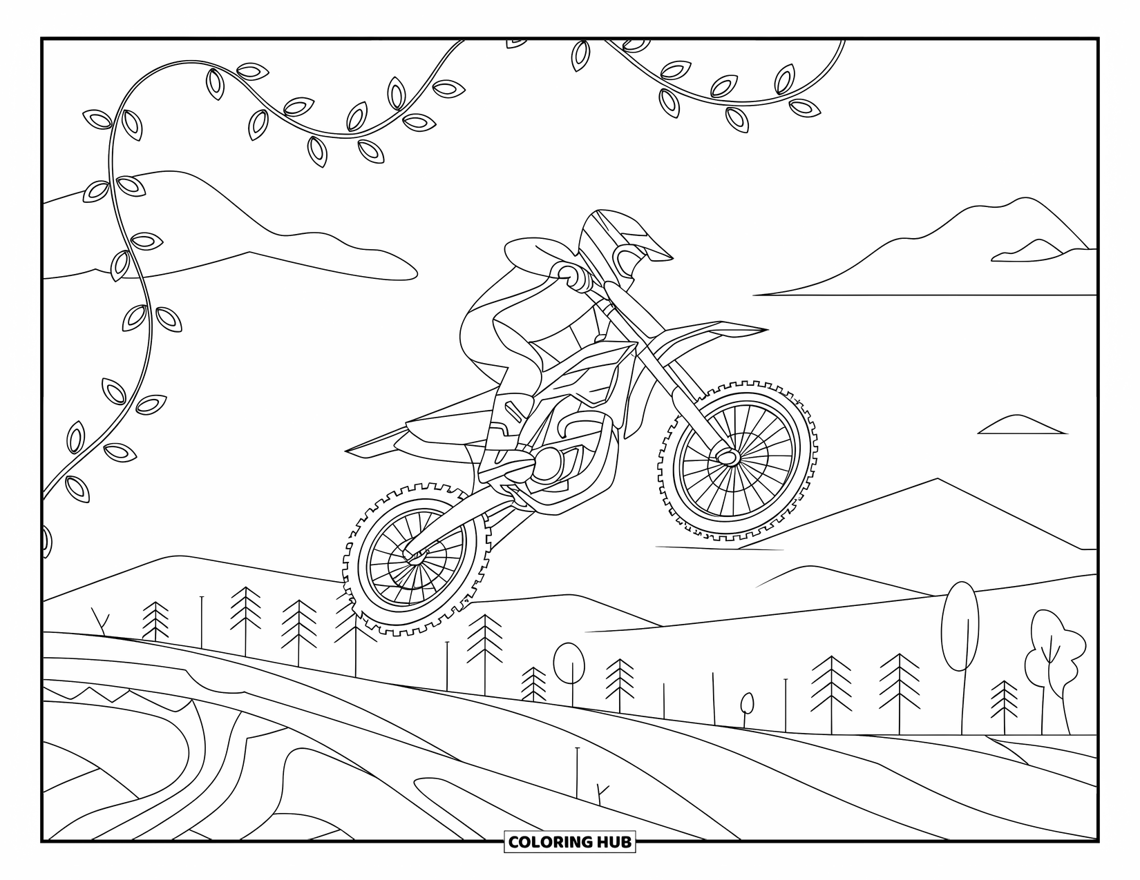 Motocross Coloring Page for Adults: A motocross rider in midair framed by floral loops and mountain scenery