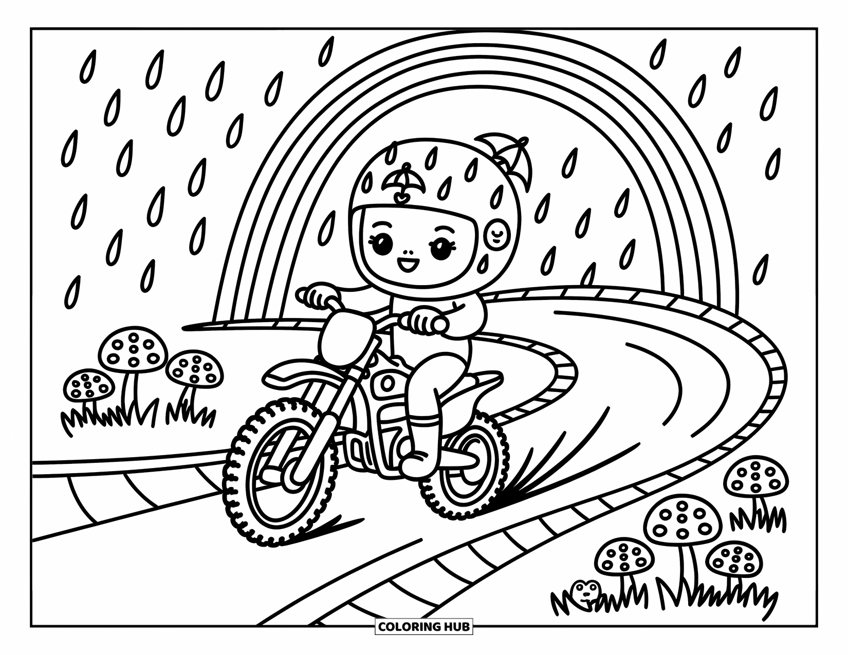 Motocross Coloring Page for Adults: A motocross rider rides through gentle rain with frogs peeking under mushrooms