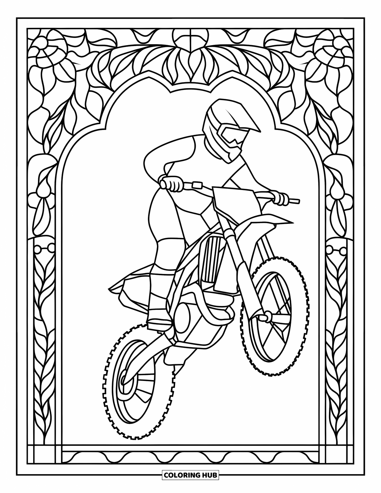 Motocross Coloring Page for Adults: A rider midair within intricate stained-glass floral borders