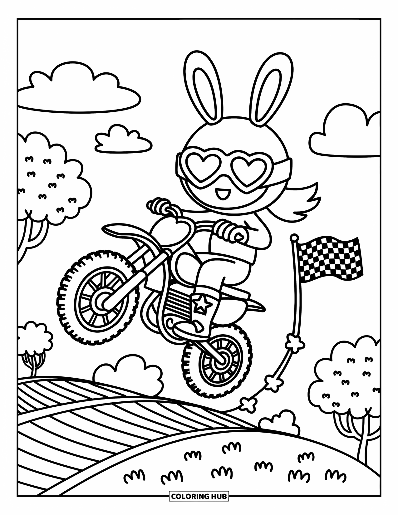 Motocross Coloring Page for Adults: A smiling rider with heart goggles soars midair holding the handlebars tight