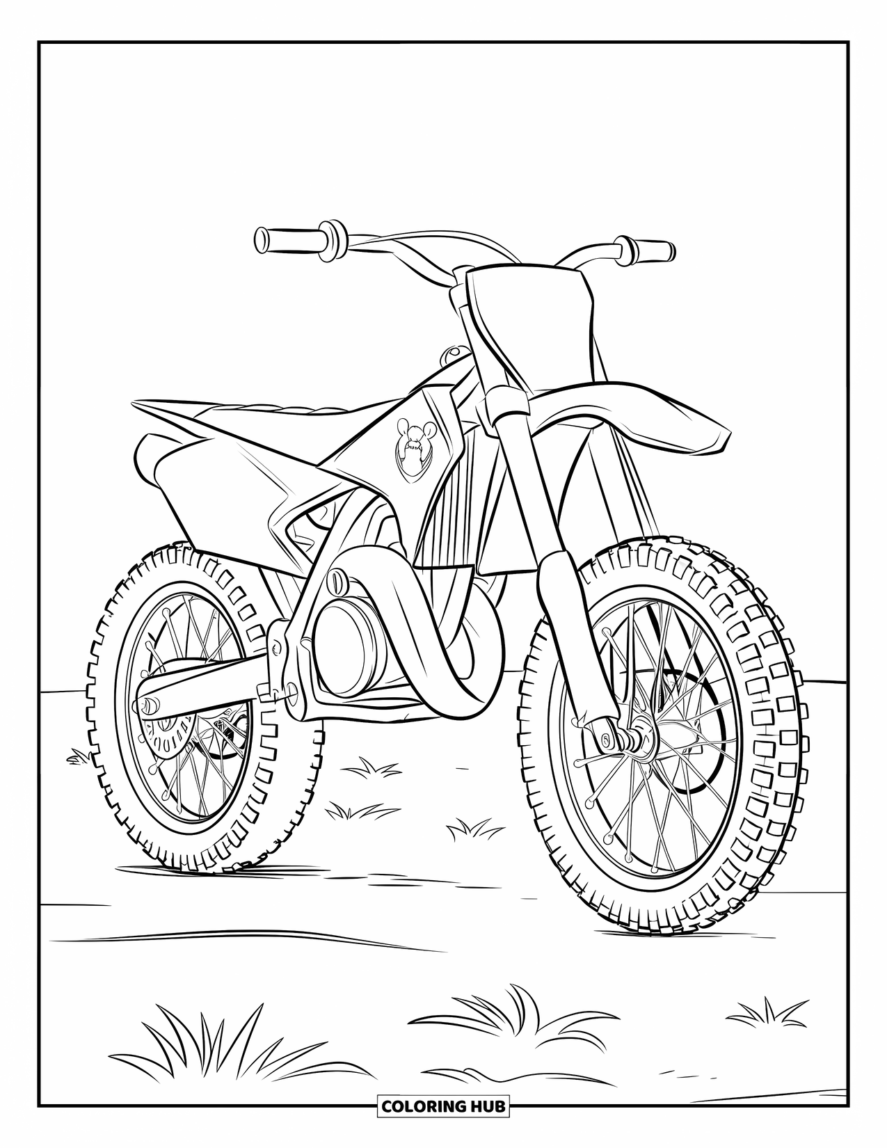 Motocross Coloring Page for Kids: A big-wheeled motocross bike rests on grassy terrain