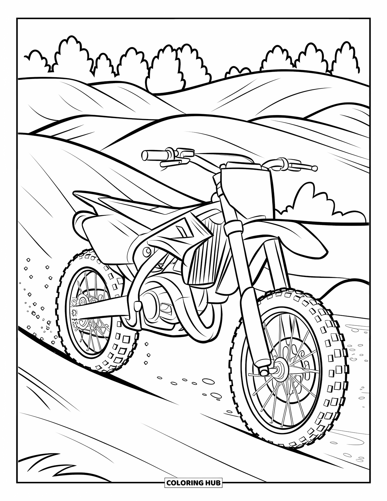 Motocross Coloring Page for Kids: A bike with big tires sits on a bumpy dirt path in the woods