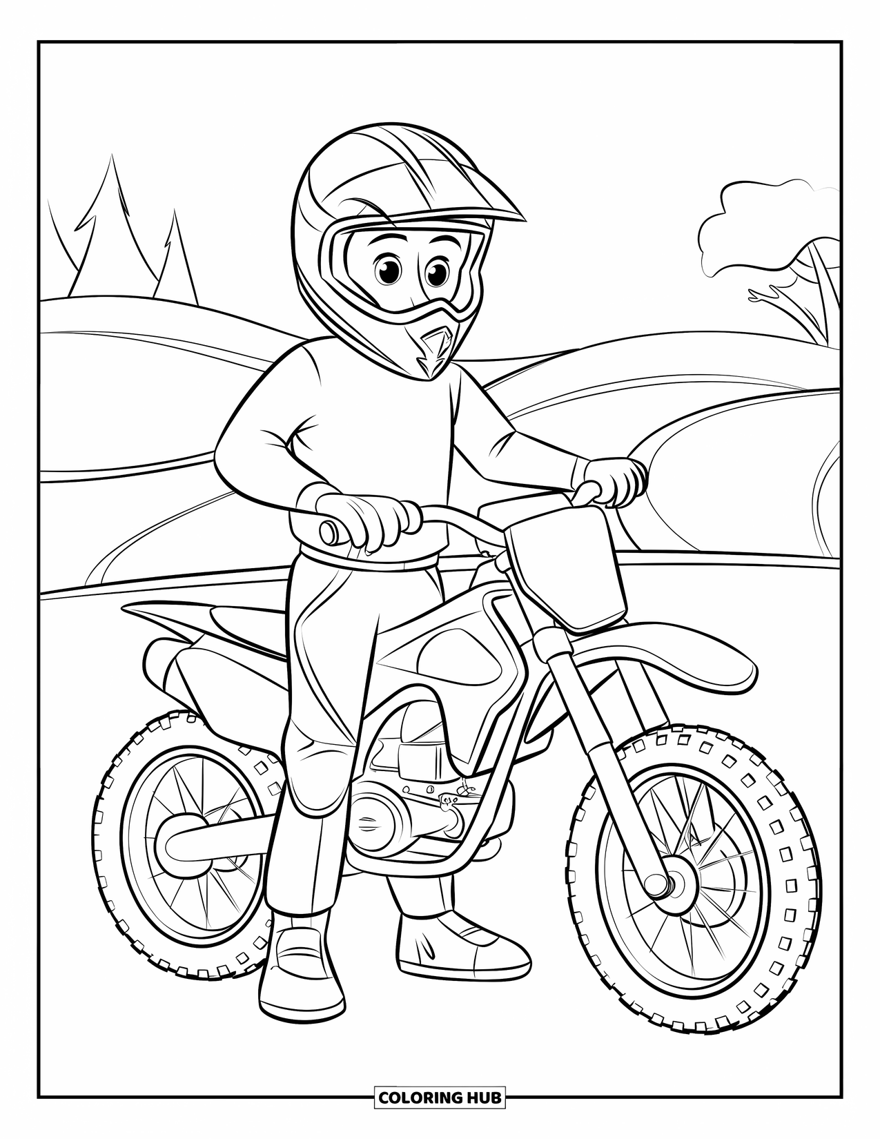 Motocross Coloring Page for Kids: A biker stands beside his bike on a dirt track lined with trees