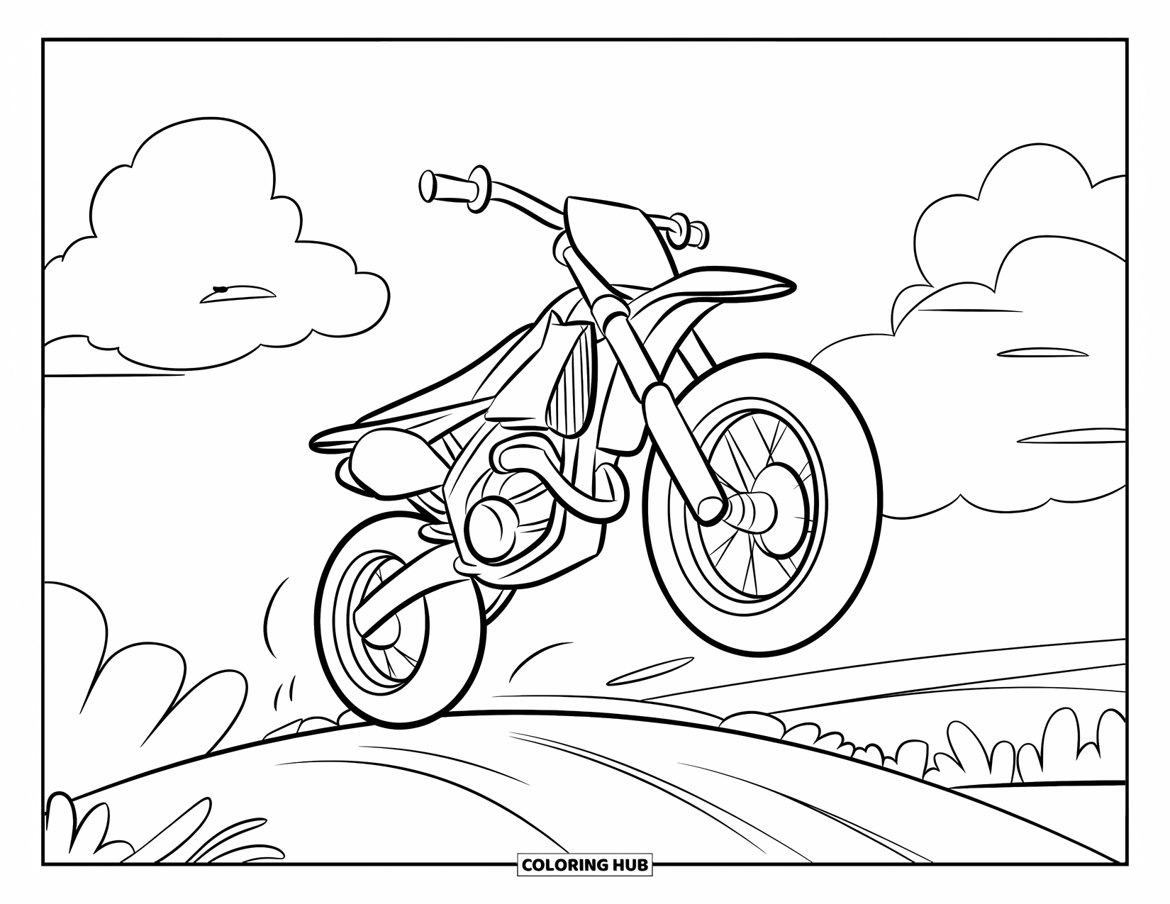 Motocross Coloring Page for Kids: A cartoon-style bike jumps over a hill beneath a vast sky