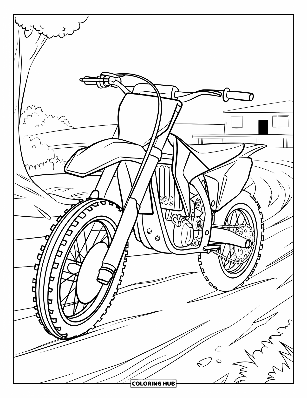 Motocross Coloring Page for Kids: A front view of a motocross bike with strong tires and a dirt path