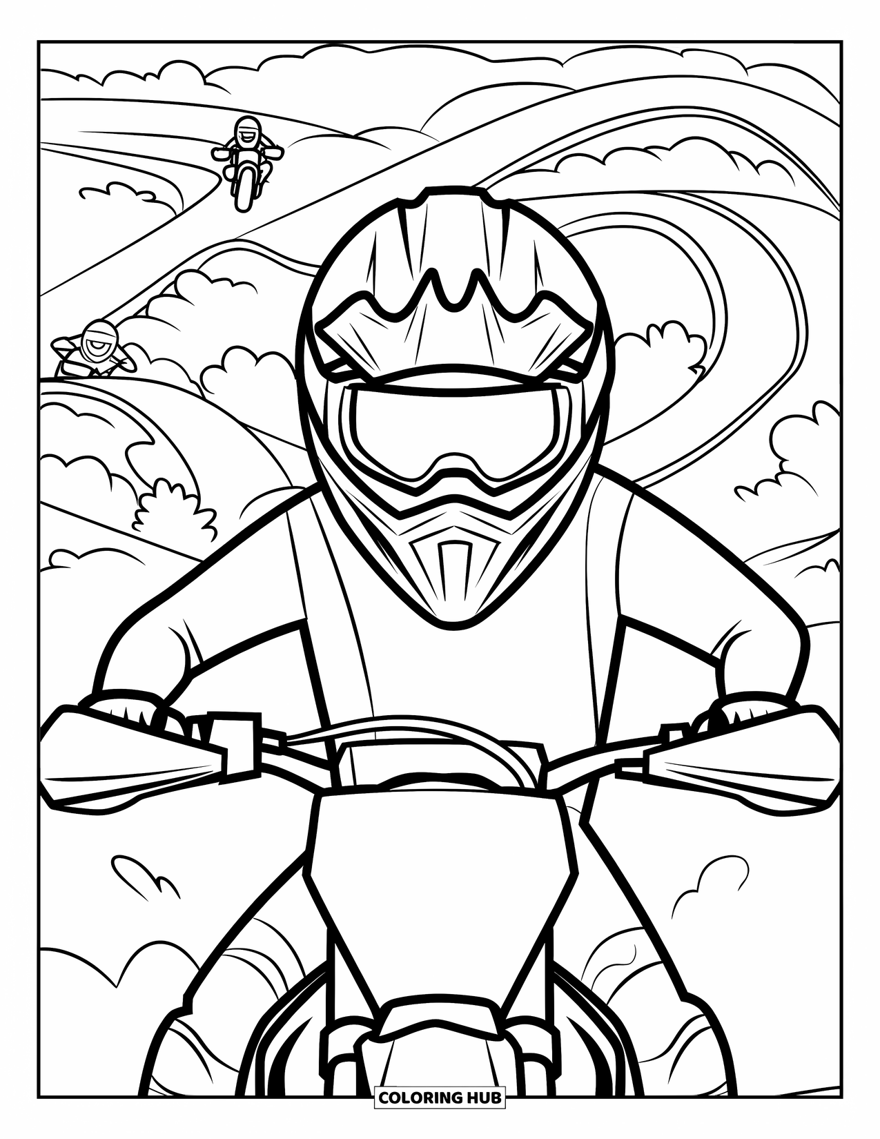 Motocross Coloring Page for Kids: A front view shows a racer leaning in as the track curves ahead
