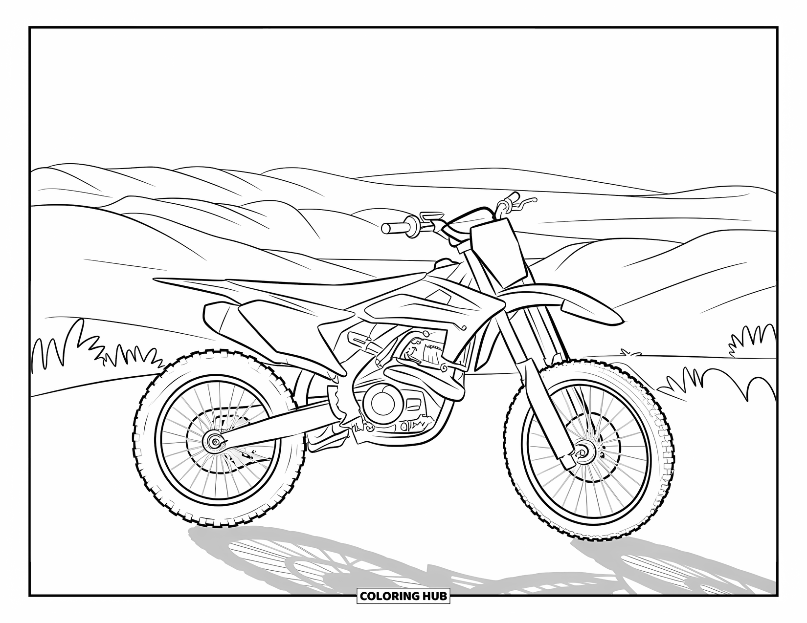 Motocross Coloring Page for Kids: A lone motocross bike overlooks open hills under a clear sky