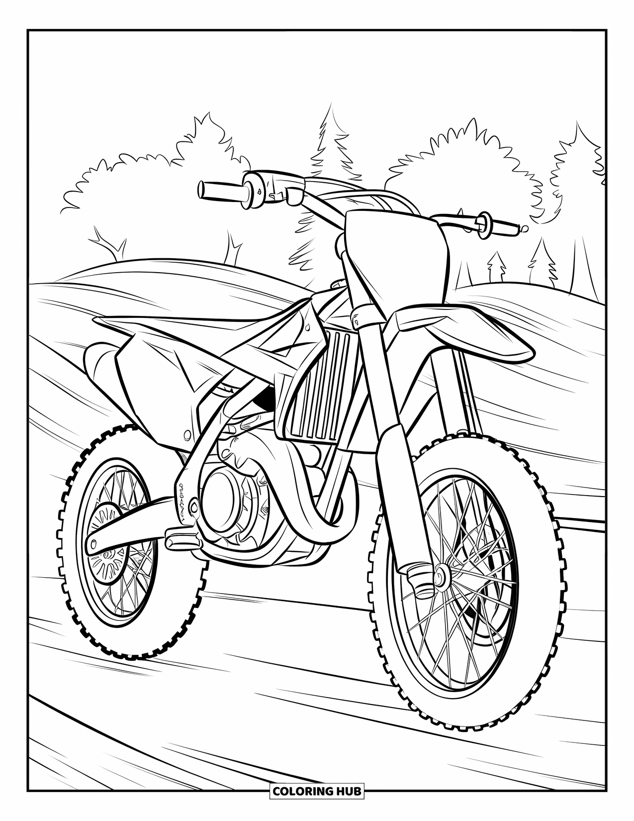 Motocross Coloring Page for Kids: A motocross bike faces forward on a dirt track lined with trees