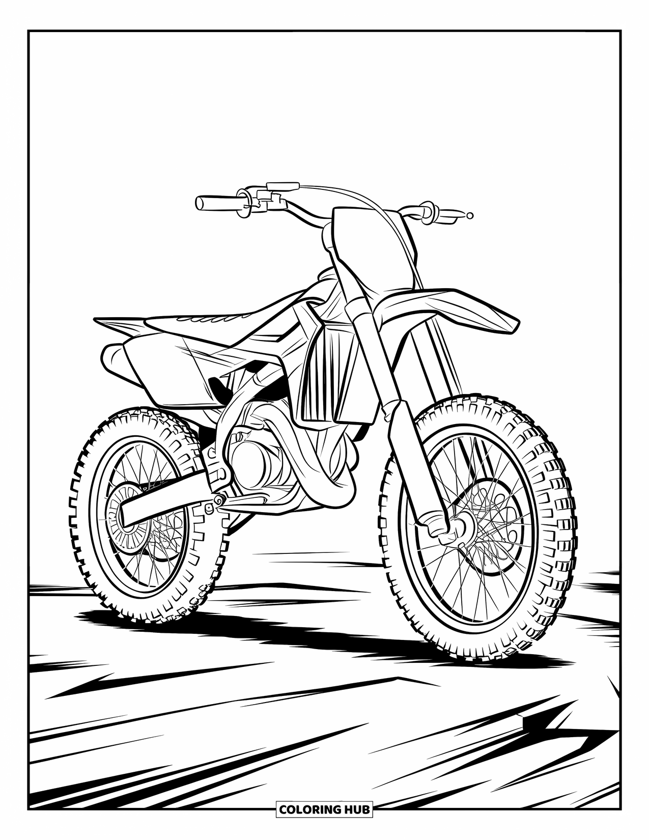 Motocross Coloring Page for Kids: A motocross bike with big wheels sits on a flat, open surface