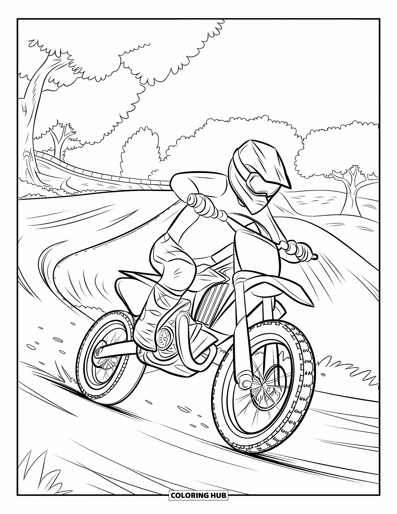 Motocross Coloring Page for Kids: A motocross bike zips through a forest track on a sunny day