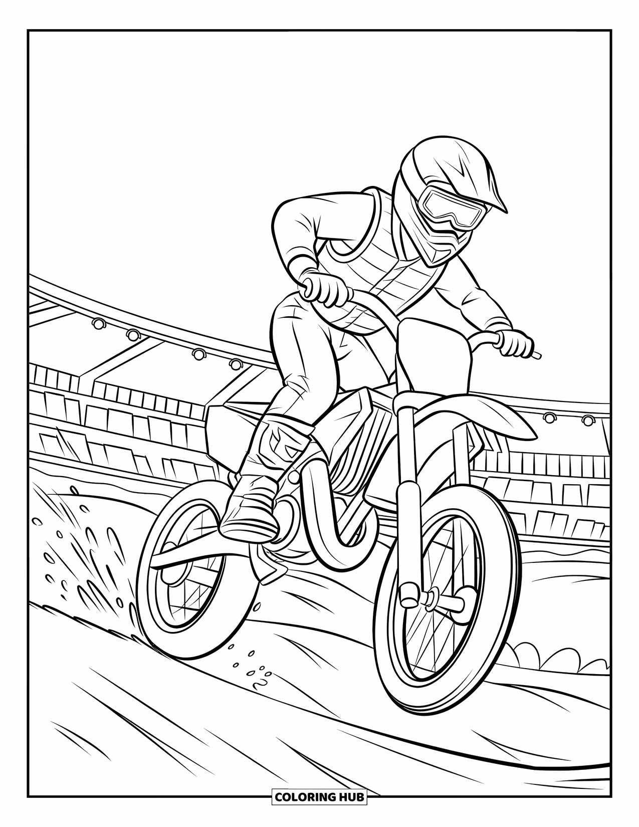Motocross Coloring Page for Kids: A motocross jumper flies above the track under a bright sky
