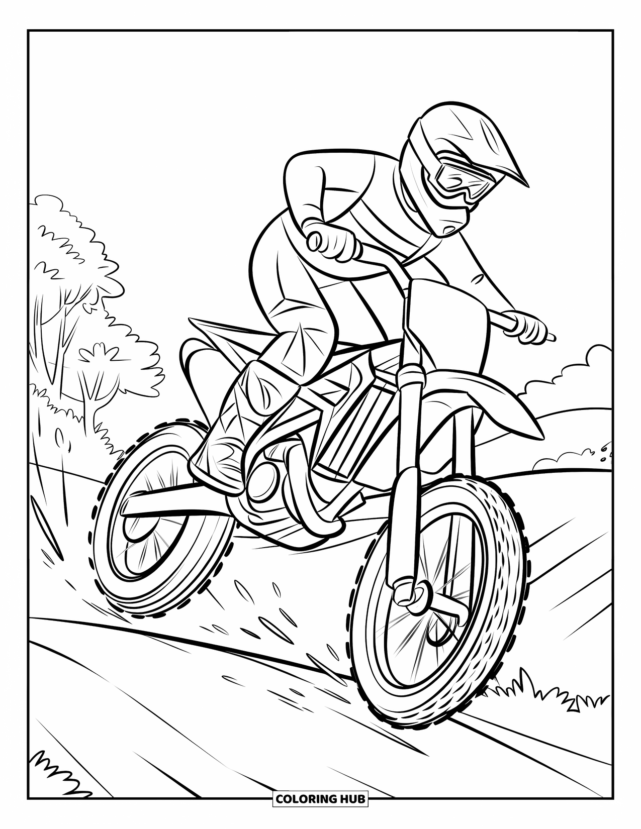 Motocross Coloring Page for Kids: A motocross rider jumps high, leaving a trail of flying dirt