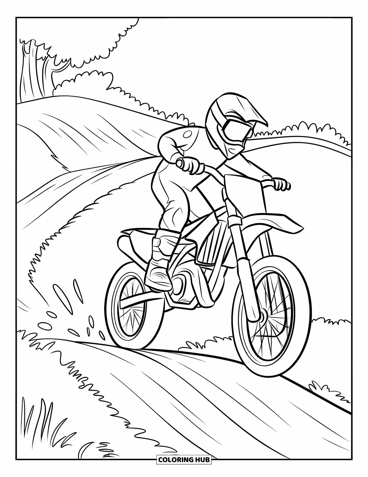 Motocross Coloring Page for Kids: A motocross rider jumps over a hill with trees in the distance