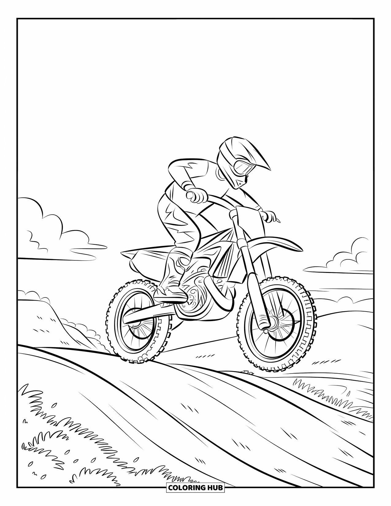 Motocross Coloring Page for Kids: A motocross rider leaps high off a dirt mound under open skies